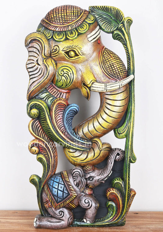 Mother With Baby Elephant Eating Trees Wall Mount Panel 25 inches - ArtyCraftz.com