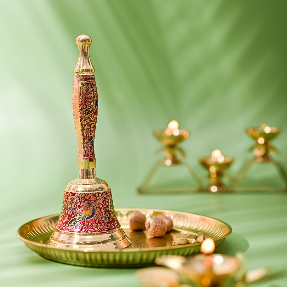 Pure Brass Puja Bell Meena/Enamel Design | Pooja Ghanti/Ghanta for Home and Temple | Prayer Bell | Pooja Mandir Bell