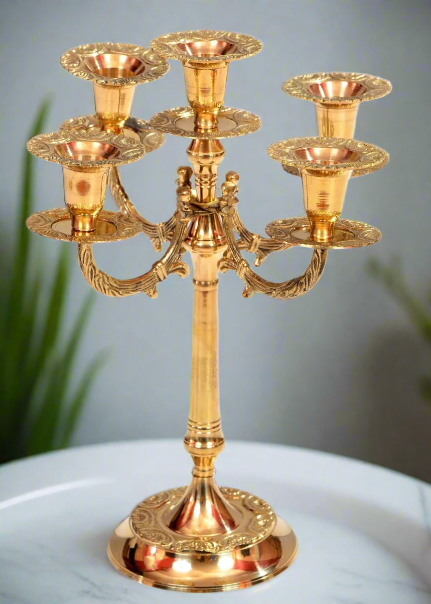 Mughal Design Brass Candle Stand with 5 Holders-ArtyCraftz.com