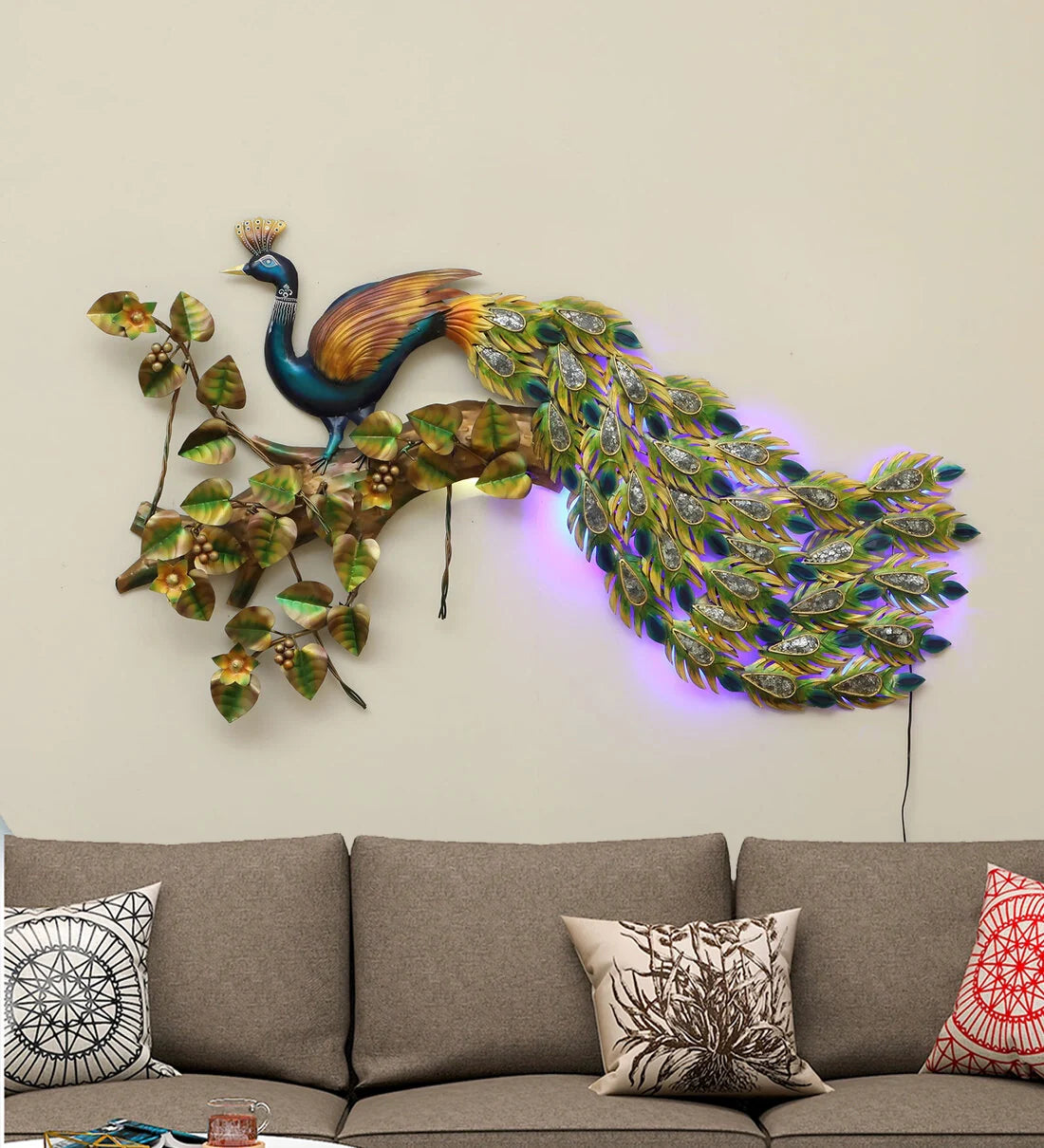 Metal Peacock on Branch with LED Light Wall Art