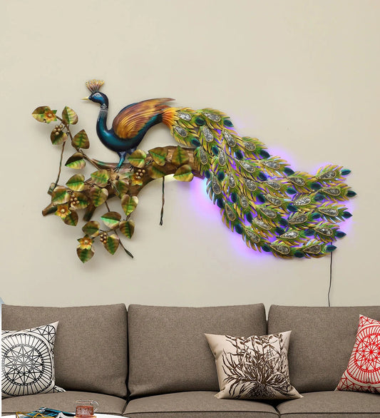 Metal Peacock on Branch with LED Light Wall Art