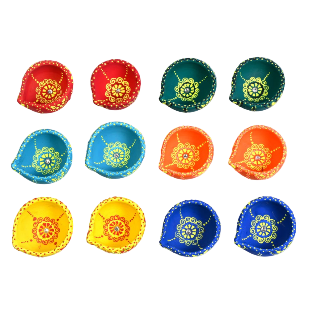 Multicolor Floral Motif 12 Terracotta Diyas