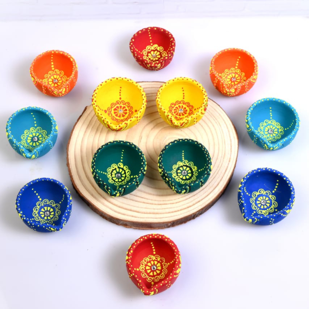 Multicolor Floral Motif 12 Terracotta Diyas-ArtyCraftz.com