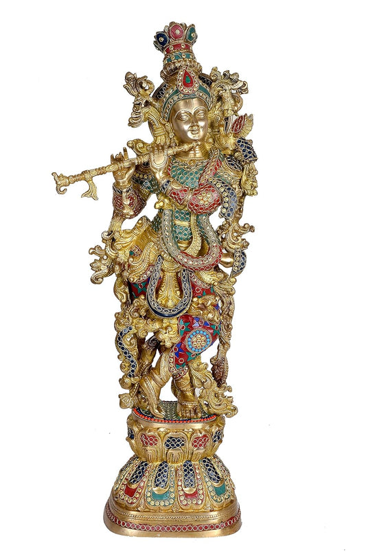 Multicolor Gold Handcrafted Brass Krishna Decorative Statue-ArtyCraftz.com