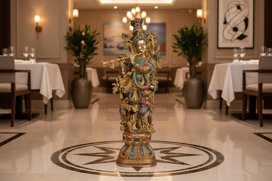 Multicolor Gold Handcrafted Brass Krishna Decorative Statue-ArtyCraftz.com