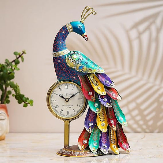 Multicolor Iron Metal Peacock Table Clock Showpiece - ArtyCraftz.com