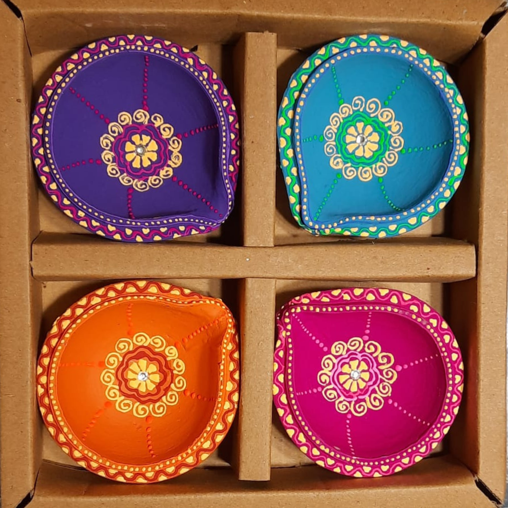 Multicolor Terracotta with Motif Work Double Layer Diya-ArtyCraftz.com