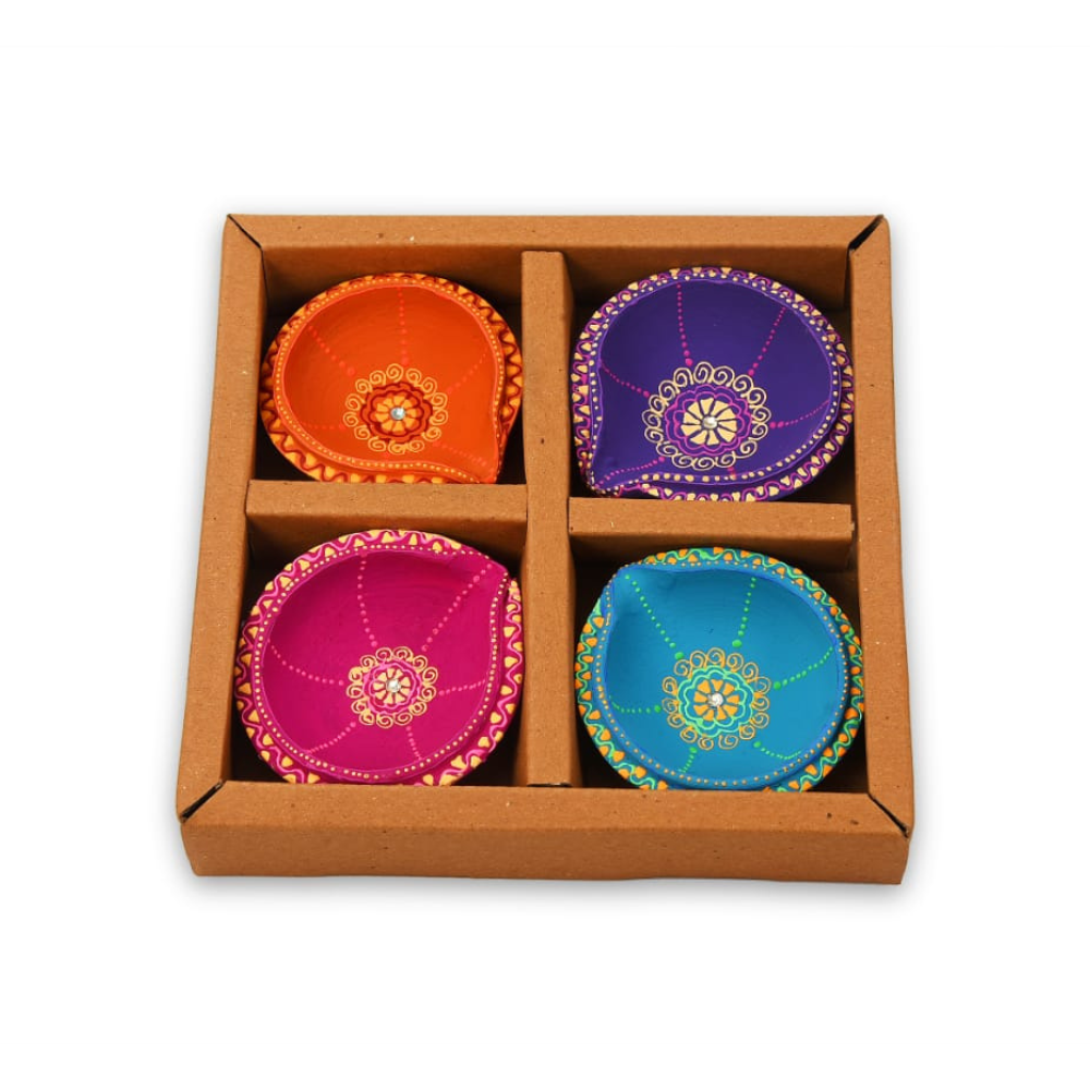 Multicolor Terracotta with Motif Work Double Layer Diya-ArtyCraftz.com