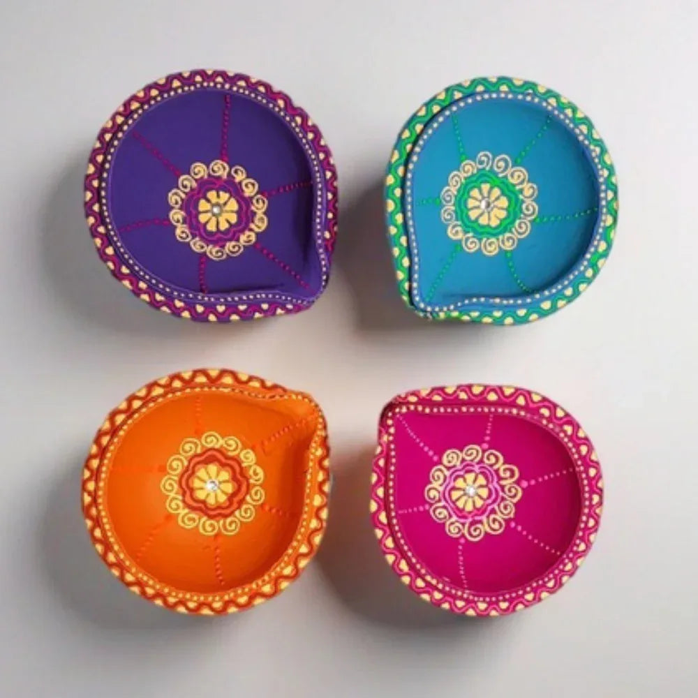 Multicolor Terracotta with Motif Work Double Layer Diya-ArtyCraftz.com
