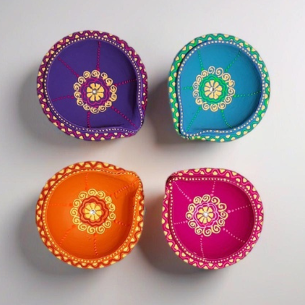 Multicolor Terracotta with Motif Work Double Layer Diya-ArtyCraftz.com