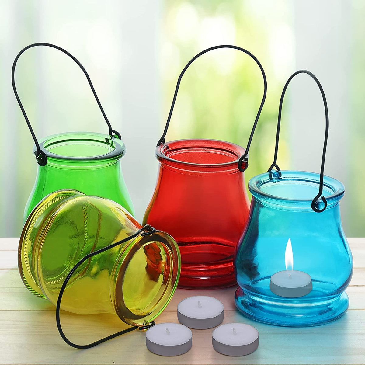 Multicolor glass hanging tealight candle holders with metal handles-artycraftz.com