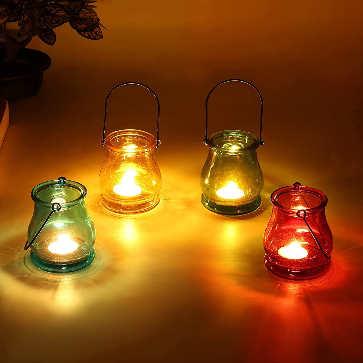 Multicolor glass hanging tealight candle holders with metal handles-artycraftz.com