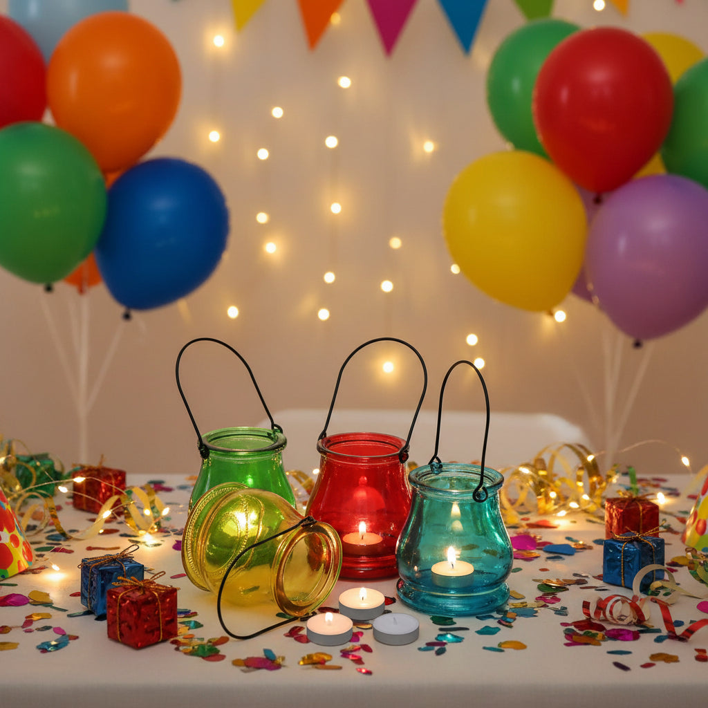 Multicolor glass hanging tealight candle holders with metal handles-artycraftz.com