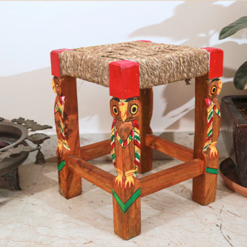 Natungram Owl Craved Wooden Stool-ArtyCraftz.com