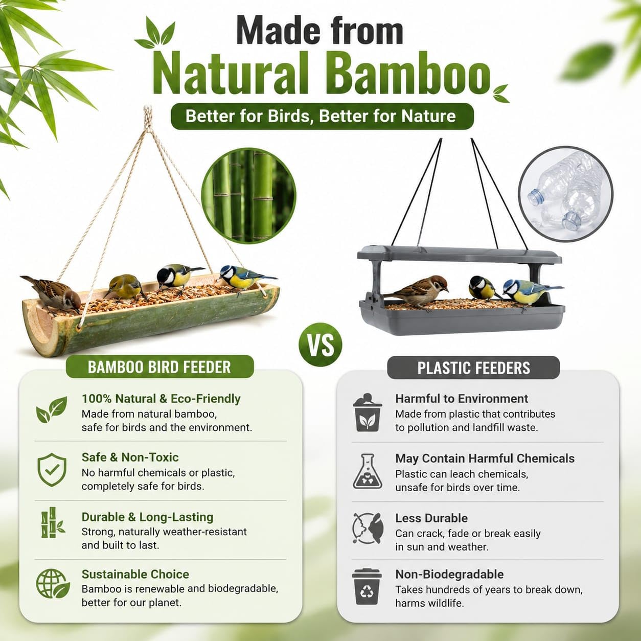 Natural Bamboo Bird Feeder with Hanging Rope-ArtyCraftz.com