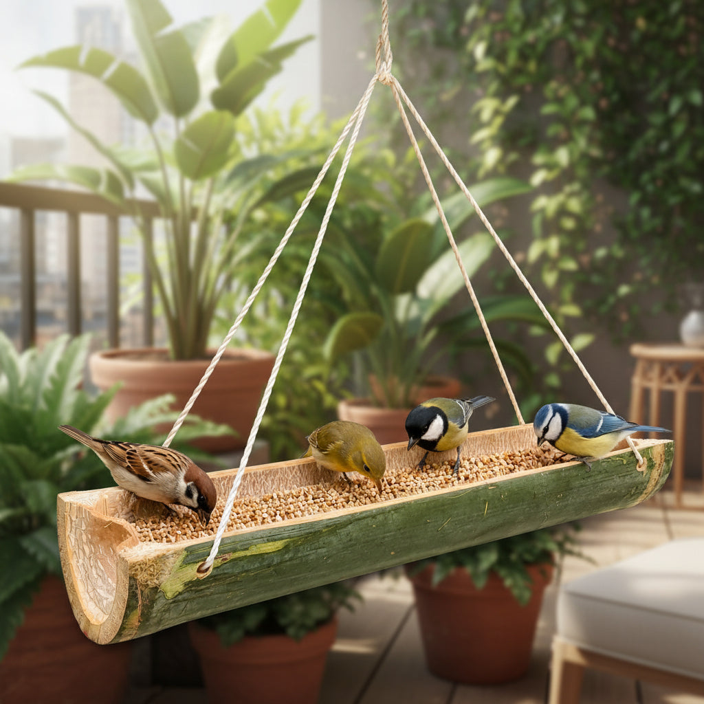 Natural Bamboo Bird Feeder with Hanging Rope-ArtyCraftz.com