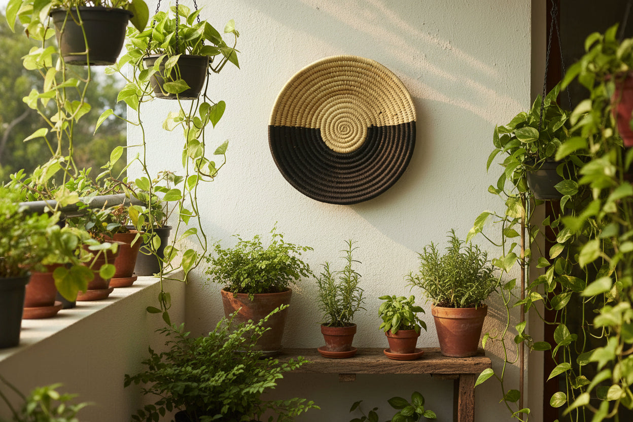 Natural Beige & Black Dual Tone Handwoven Sabai Grass Wall Plate-ArtyCraftz.com