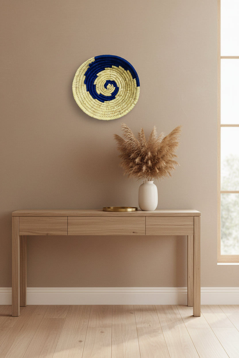 Natural Beige & Blue Spiral Design Handwoven Sabai Grass Wall Plate-ArtyCraftz.com