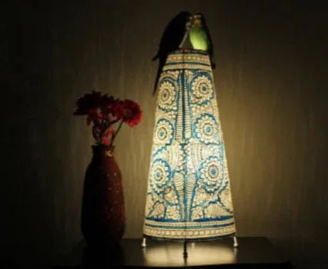 Nimmalkunta Tholu Bommalu White Flowers in Blue Conical Lamp Shade-ArtyCraftz.com