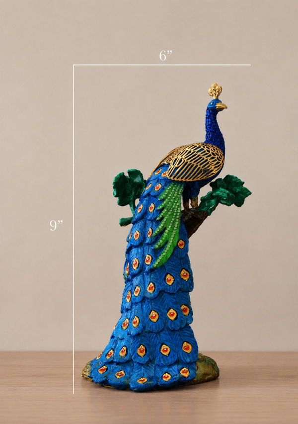 Decorative peacock figurine with measurements on a beige background