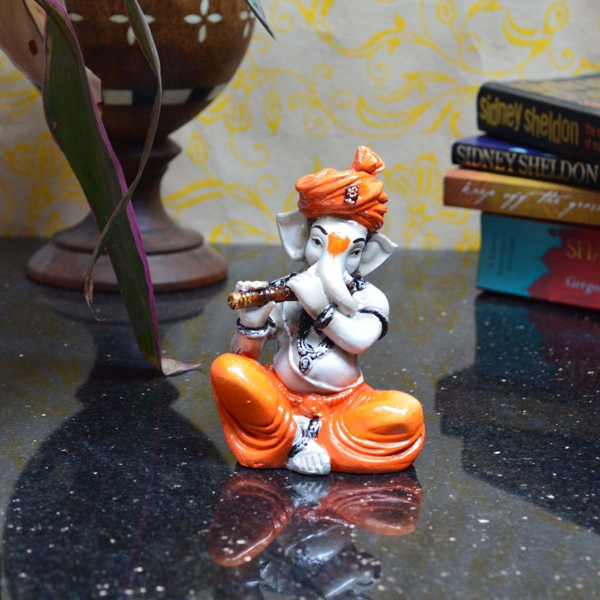 Orange Resin Flute Ganesh Musical Showpiece-ArtyCraftz.com