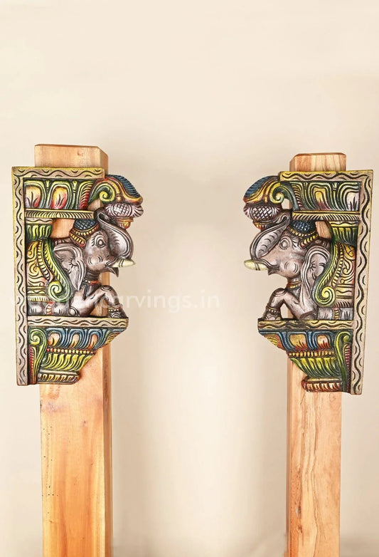 Paired Grey Elephants Upraised Trunk Wall Brackets 15 Inches - ArtyCraftz.com