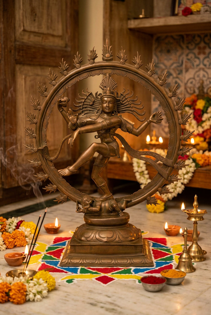Panchaloha Nataraja statue in Ananda Tandava posture with ornate circular Prabhavali and decorative pedestal-artycraftz.com