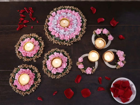 Pink & White Artificial Flowers Rangoli Mats for Festival Decoration - 7 Pcs Artificial Flowers Tealight Holders Diwali Decoration Items for Home decor Unique Gift Item for Home Decoration - ArtyCraftz.com