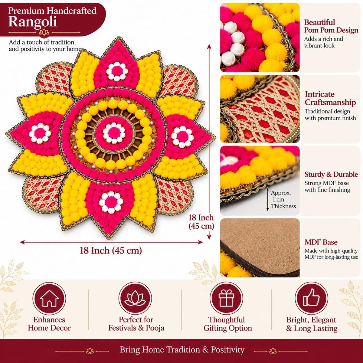 Pink and yellow handcrafted floral rangoli mat with white pom-pom details and decorative gold-tone border, 18 inch-artycraftz.com