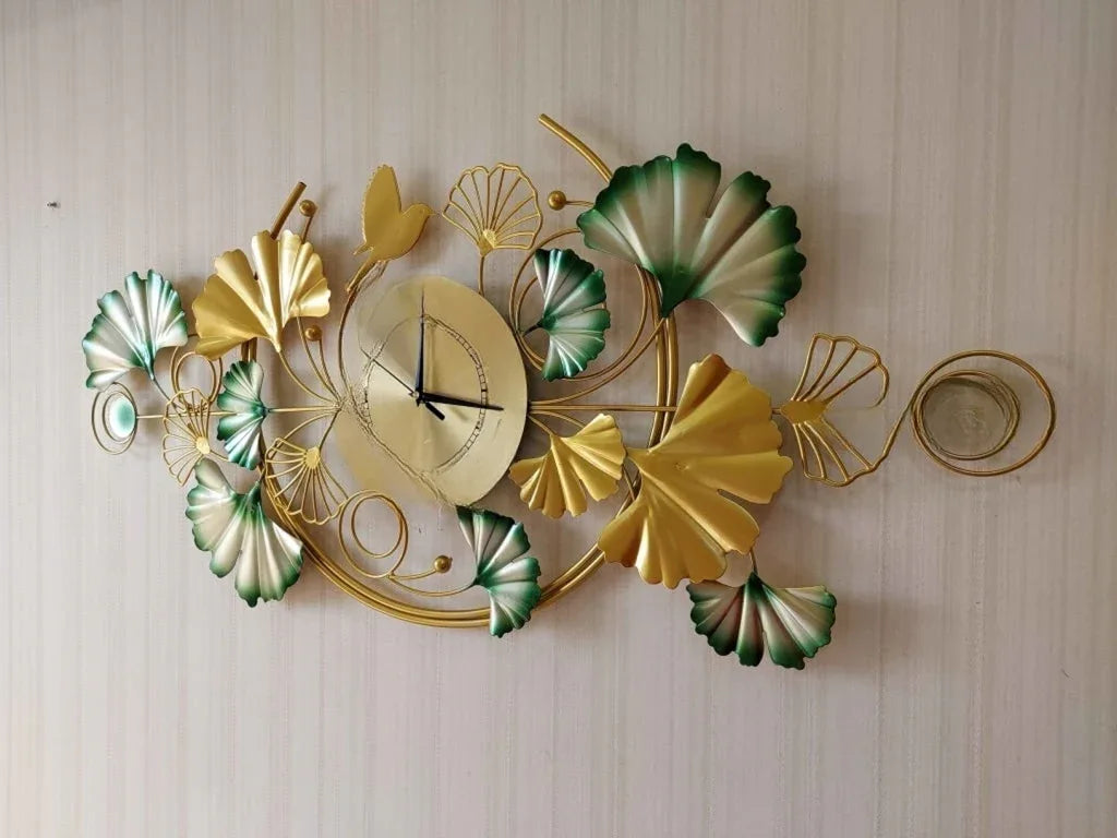 Luxury Floral Metal Wall Clock with Gold & Green Finish-ArtyCraftz.com