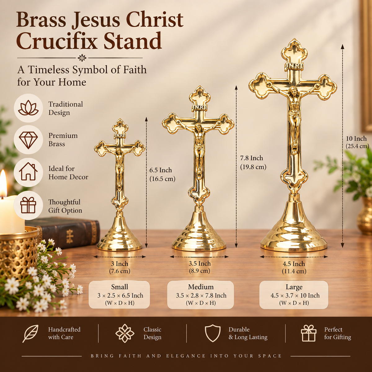 Polished Brass Standing Crucifix Cross Tabletop Decor (3 Sizes)-artycraftz.com