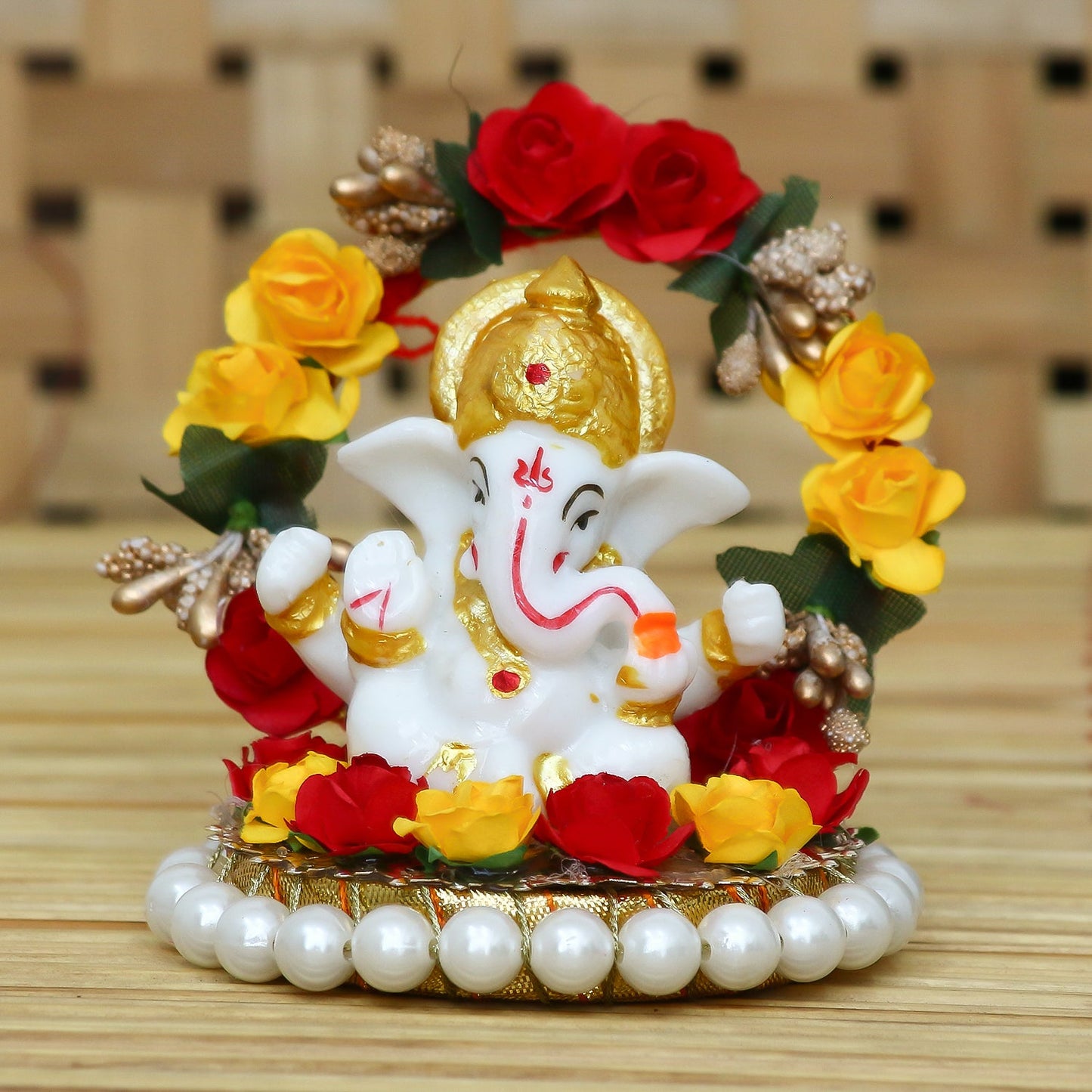 Poly Resin Ganesh on Beads and Roses Arch Showpiece-ArtyCraftz.com