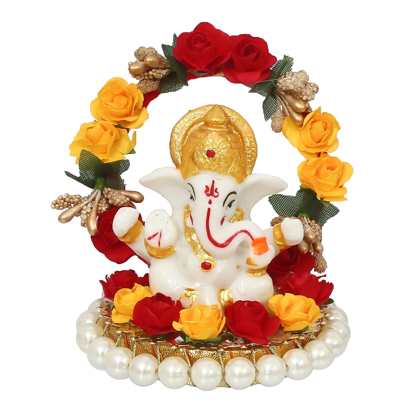 Poly Resin Ganesh on Beads and Roses Arch Showpiece-ArtyCraftz.com