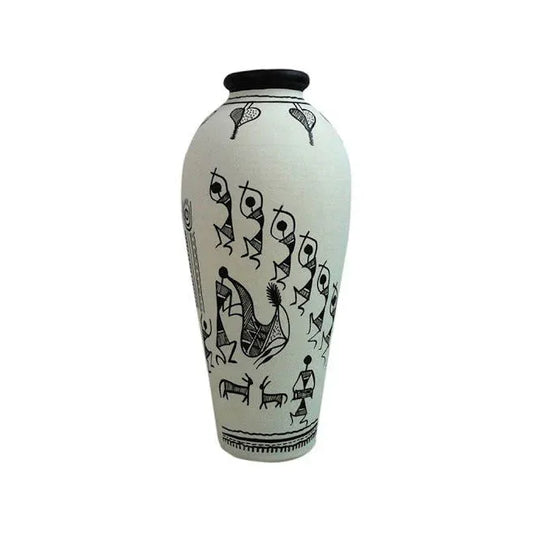 Terracotta Vase / Pots White Warli Handpainted Tapered - Flower Vase - ArtyCraftz.com