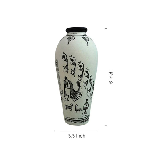Terracotta Vase / Pots White Warli Handpainted Tapered - Flower Vase - ArtyCraftz.com