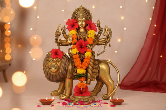 Premium Brass Goddess Durga Idol on Lion-AretyCraftz.com