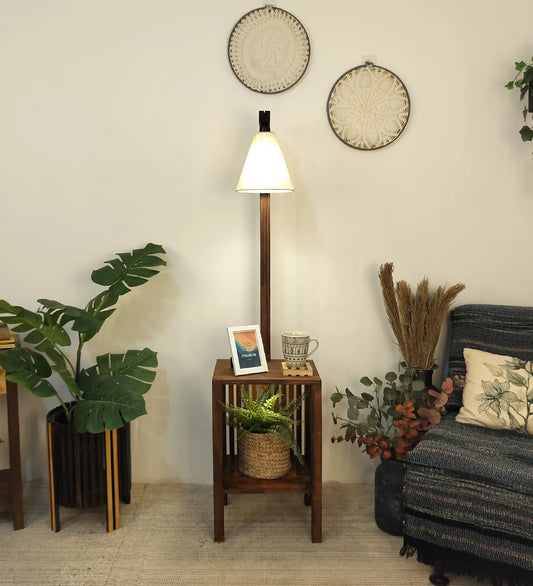Prominence Wooden Floor Lamp with Beige Fabric Lampshade - ArtyCraftz.com