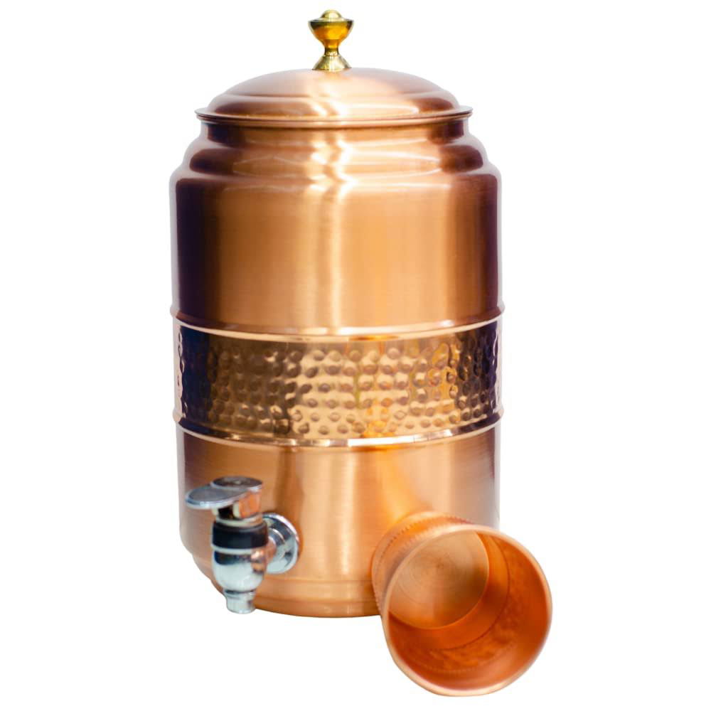 Pure Copper 5 Litre Matka Water Dispenser Jug with Brass Nob and Nickle Plated Tap - ArtyCraftz.com