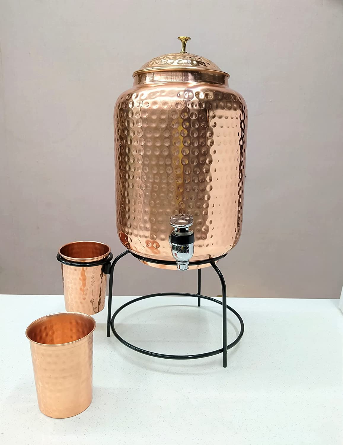 Pure Copper 5 Litre Matka Water Dispenser Jug with Brass Nob and Nickle Plated Tap and One Iron Stand, 2 Copper Glass 250 ml (5 Litre) - ArtyCraftz.com