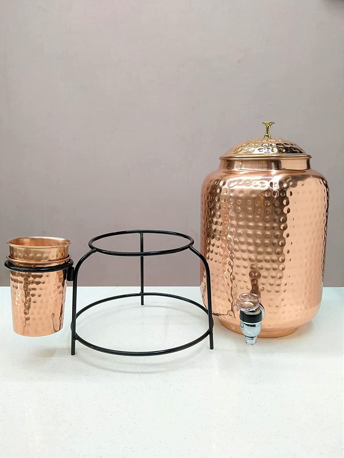 Pure Copper 5 Litre Matka Water Dispenser Jug with Brass Nob and Nickle Plated Tap and One Iron Stand, 2 Copper Glass 250 ml (5 Litre) - ArtyCraftz.com