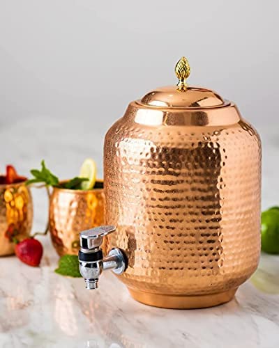Pure Copper 5 Litre Matka Water Dispenser Jug with Brass Nob and Nickle Plated Tap and One Iron Stand, 2 Copper Glass 250 ml (5 Litre) - ArtyCraftz.com