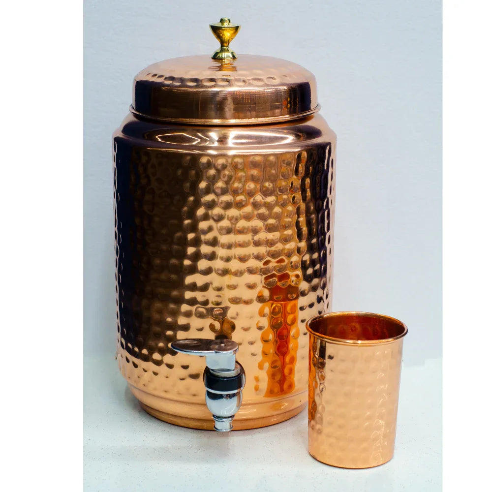 Pure Copper 5 Litre Matka Water Dispenser Jug with Tap and One Glass - ArtyCraftz.com