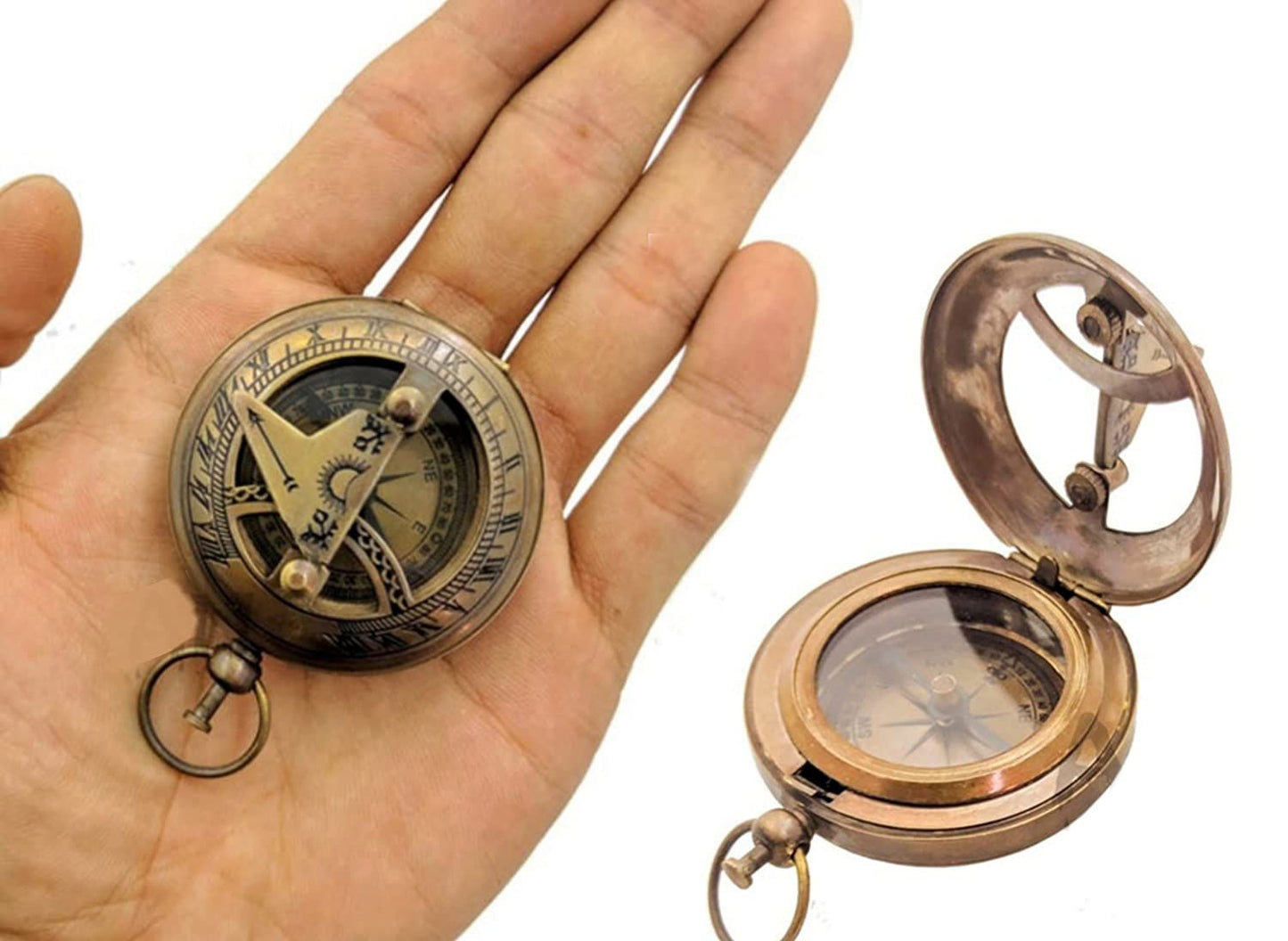 Brass Pocket Magnetic Sun Dial Map Type Compass 2" Brass Polish Antique w/ Push Button Sundial - ArtyCraftz.com