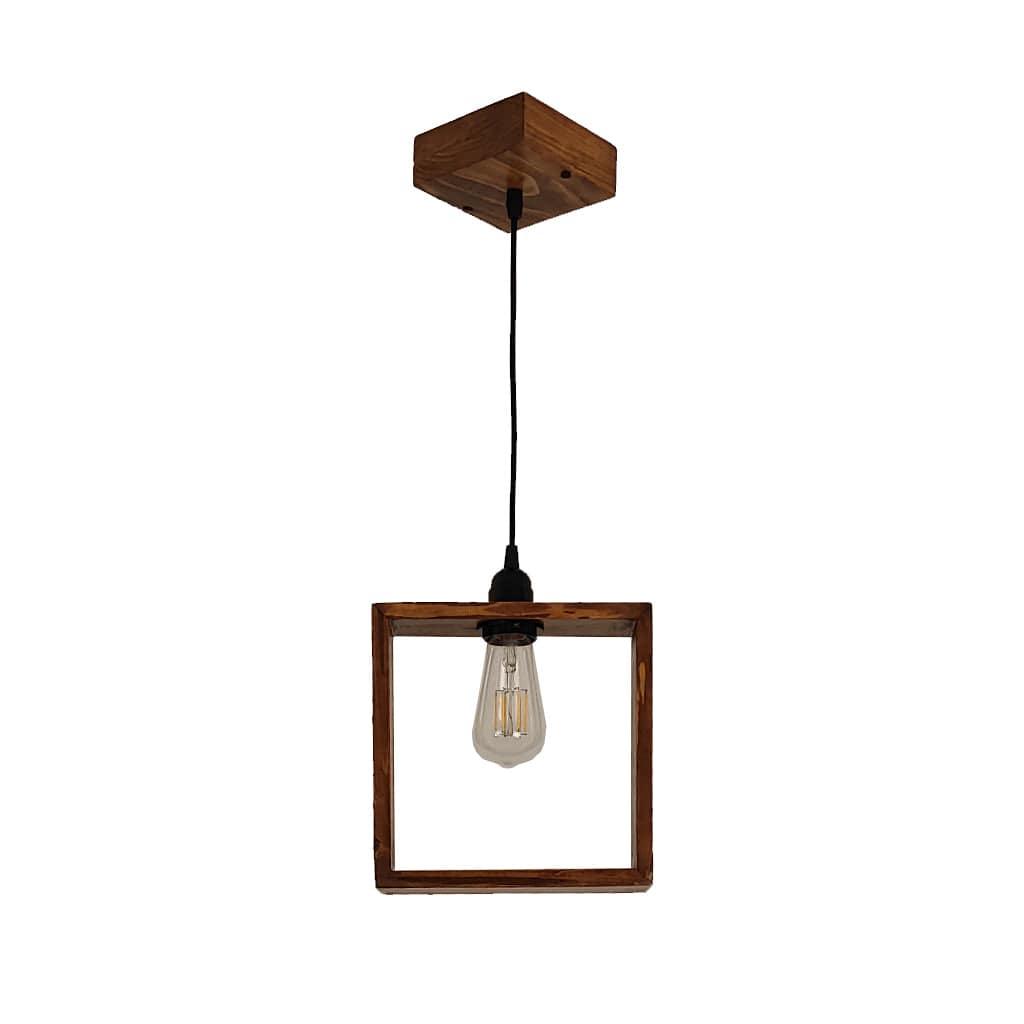 Wooden pendant light with a bulb on a white background