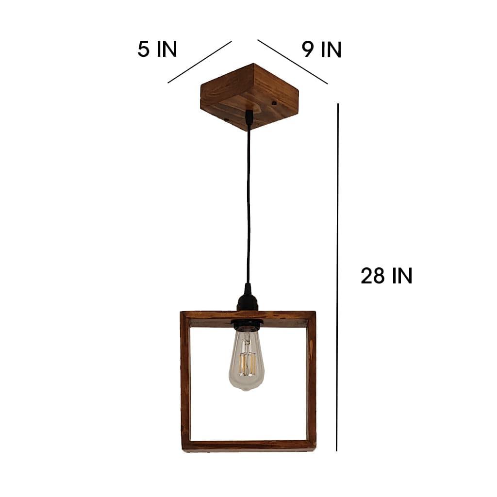 Wooden pendant light with dimensions labeled