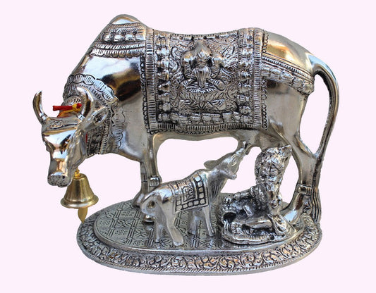Rajasthani Jaipur Unique Traditional Handicraft Antique Oxidized White Metal Big Cow and Calf with Ladoo Gopal Puja Article Holy and Lucky for Business and Locker - ArtyCraftz.com