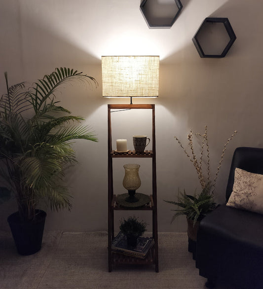 Raphael Wooden Floor Lamp with Brown Base and Jute Fabric Lampshade-ArtyCraftz.com