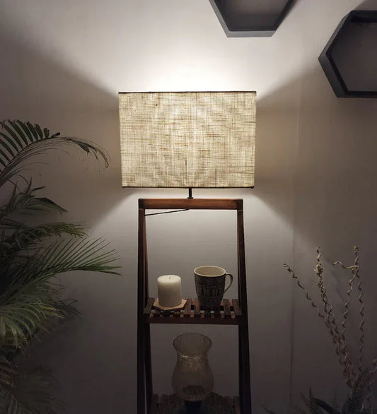Raphael Wooden Floor Lamp with Brown Base and Jute Fabric Lampshade-ArtyCraftz.com