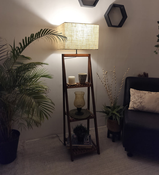 Raphael Wooden Floor Lamp with Brown Base and Jute Fabric Lampshade-ArtyCraftz.com