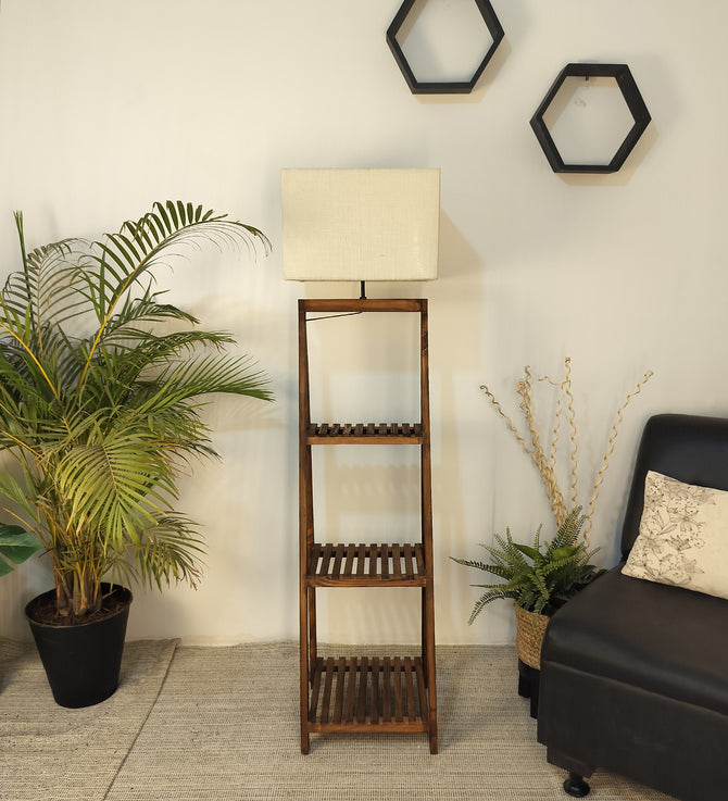 Raphael Wooden Floor Lamp with Brown Base and Jute Fabric Lampshade-ArtyCraftz.com